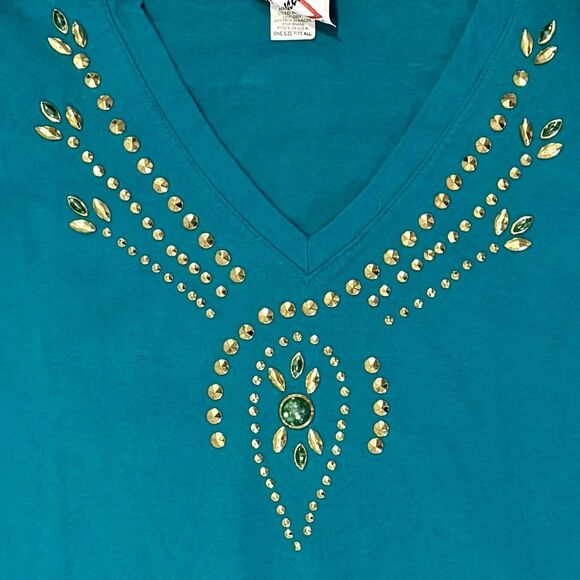 Sweet Blondie Shirt Teal V Neck Rhinestone Studded 90s 80s Wmns OS Made in USA - Picture 4 of 9